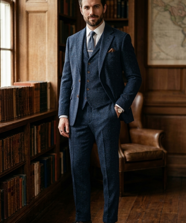 Navy Blue Herringbone Tweed Three-Piece Tailored Suit
