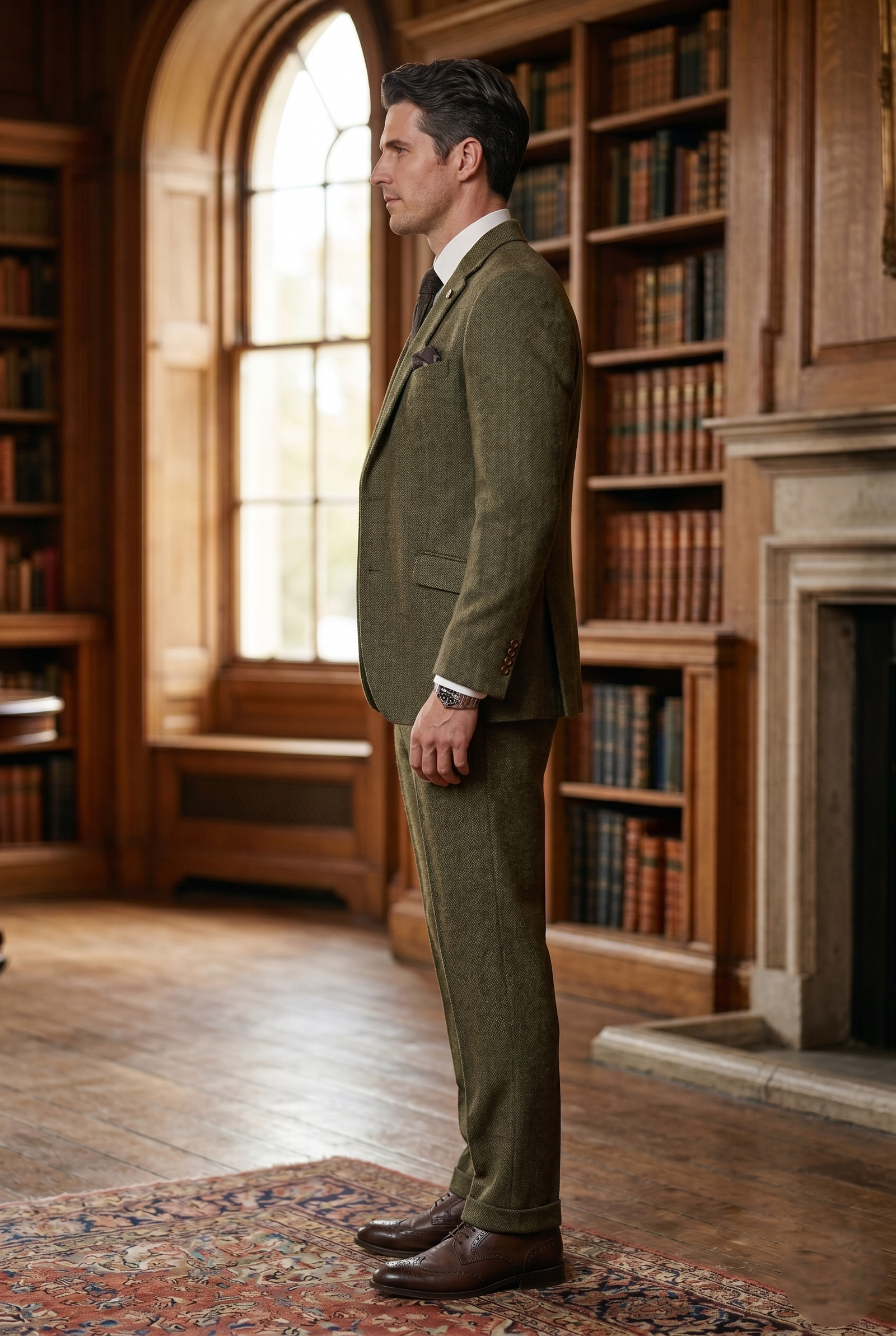 Olive Green Herringbone Tweed Three-Piece Tailored Suit - Image 8