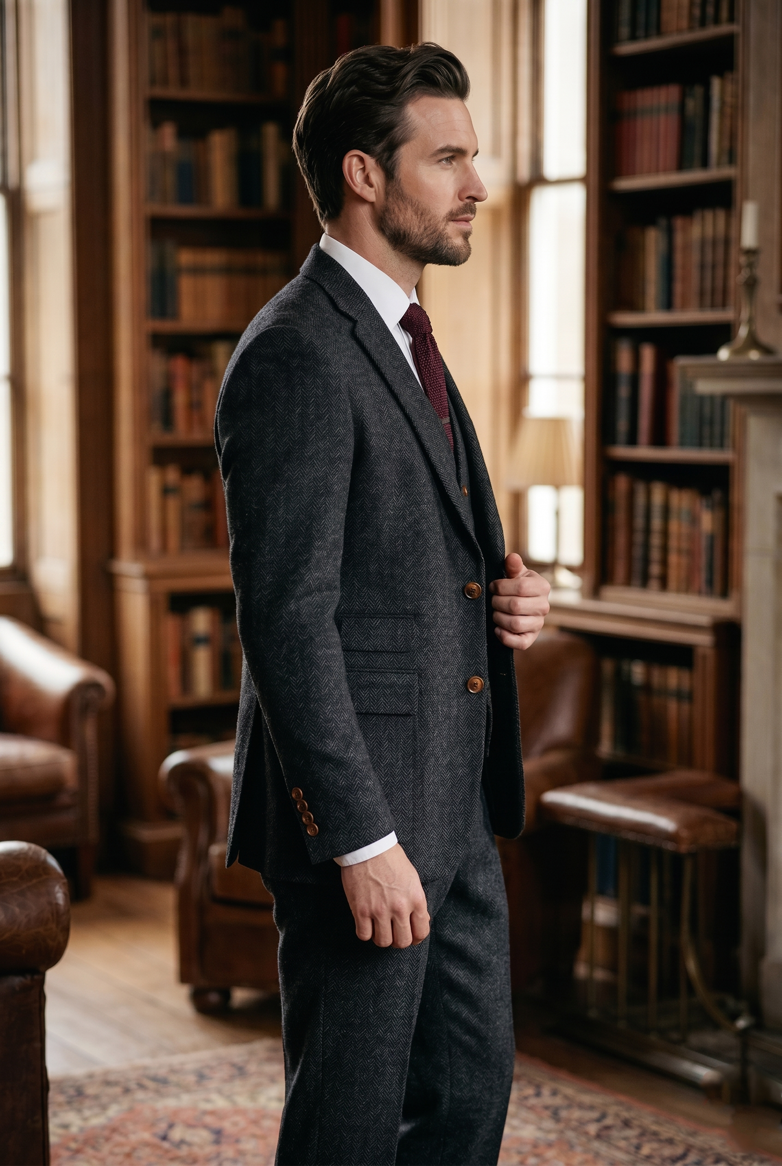 Charcoal Grey Herringbone Tweed Three-Piece Tailored Suit - Image 2