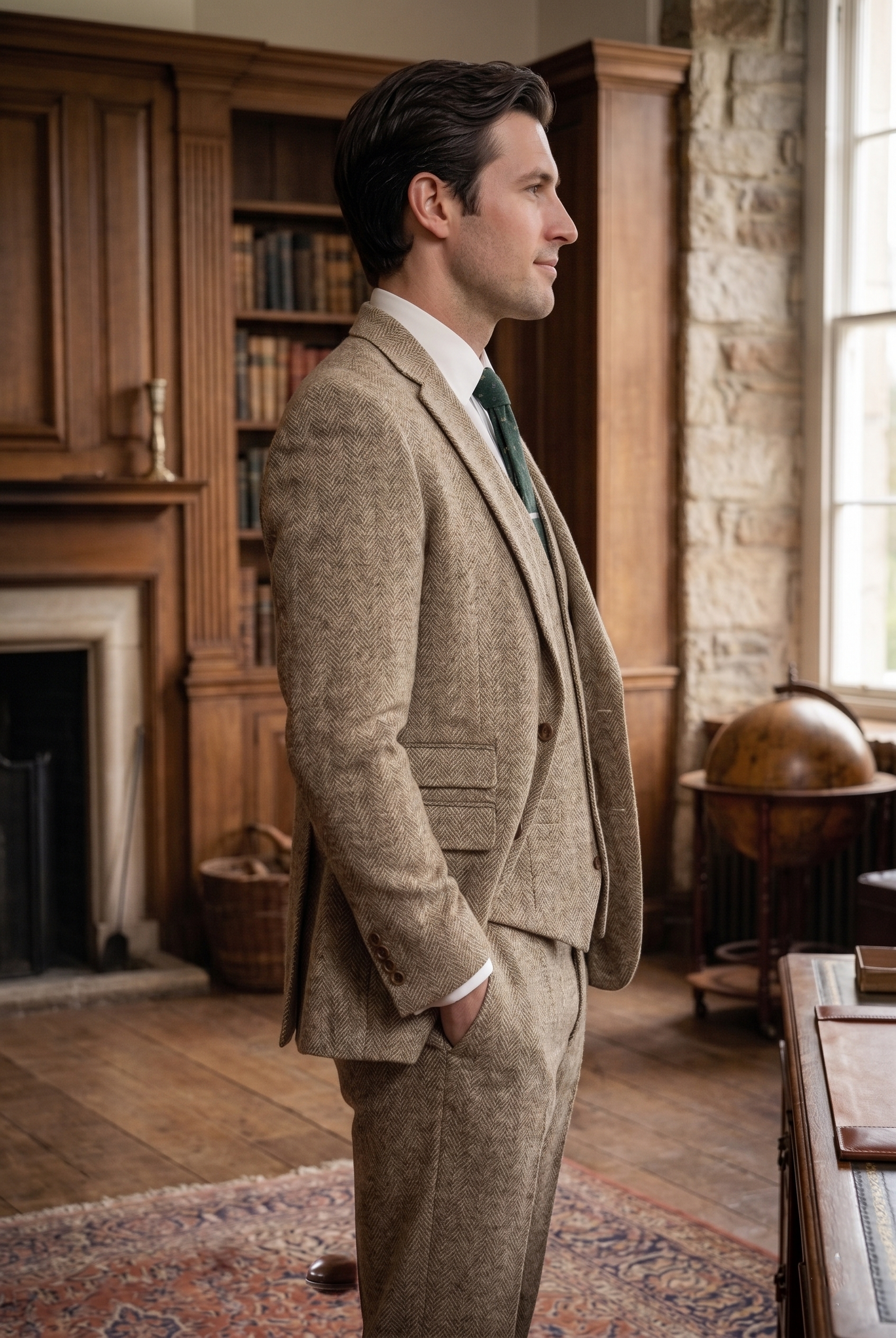 Oatmeal Herringbone Tweed Three-Piece Tailored Suit - Image 2