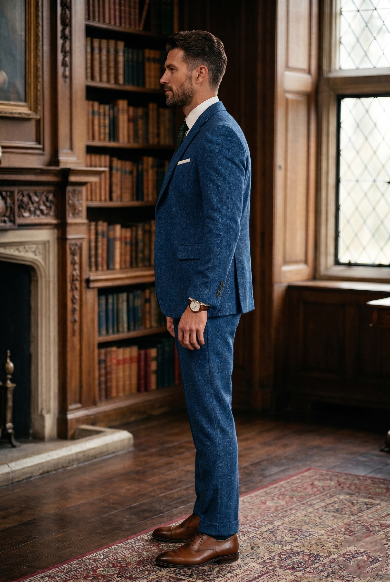 Indigo Blue Herringbone Tweed Three-Piece Tailored Suit - Image 2