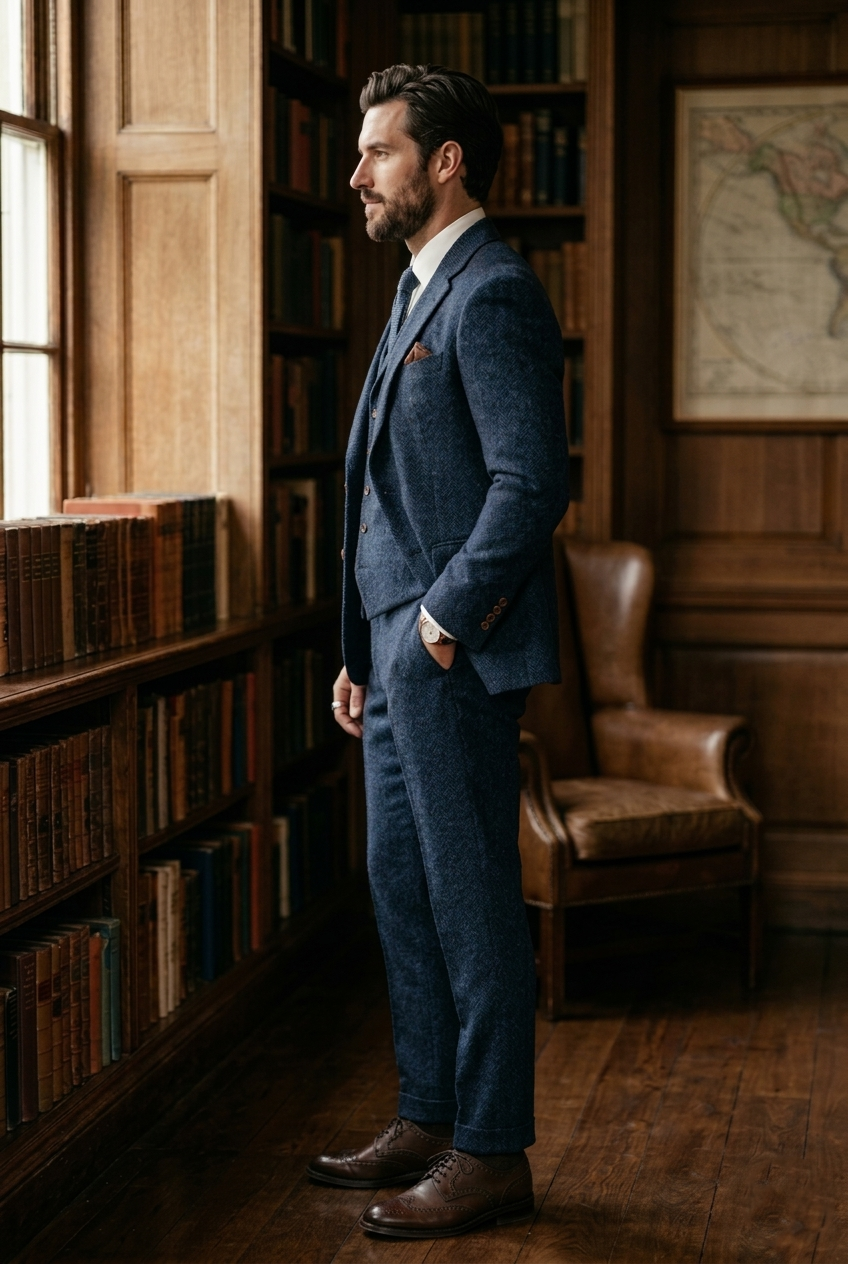Navy Blue Herringbone Tweed Three-Piece Tailored Suit - Image 2