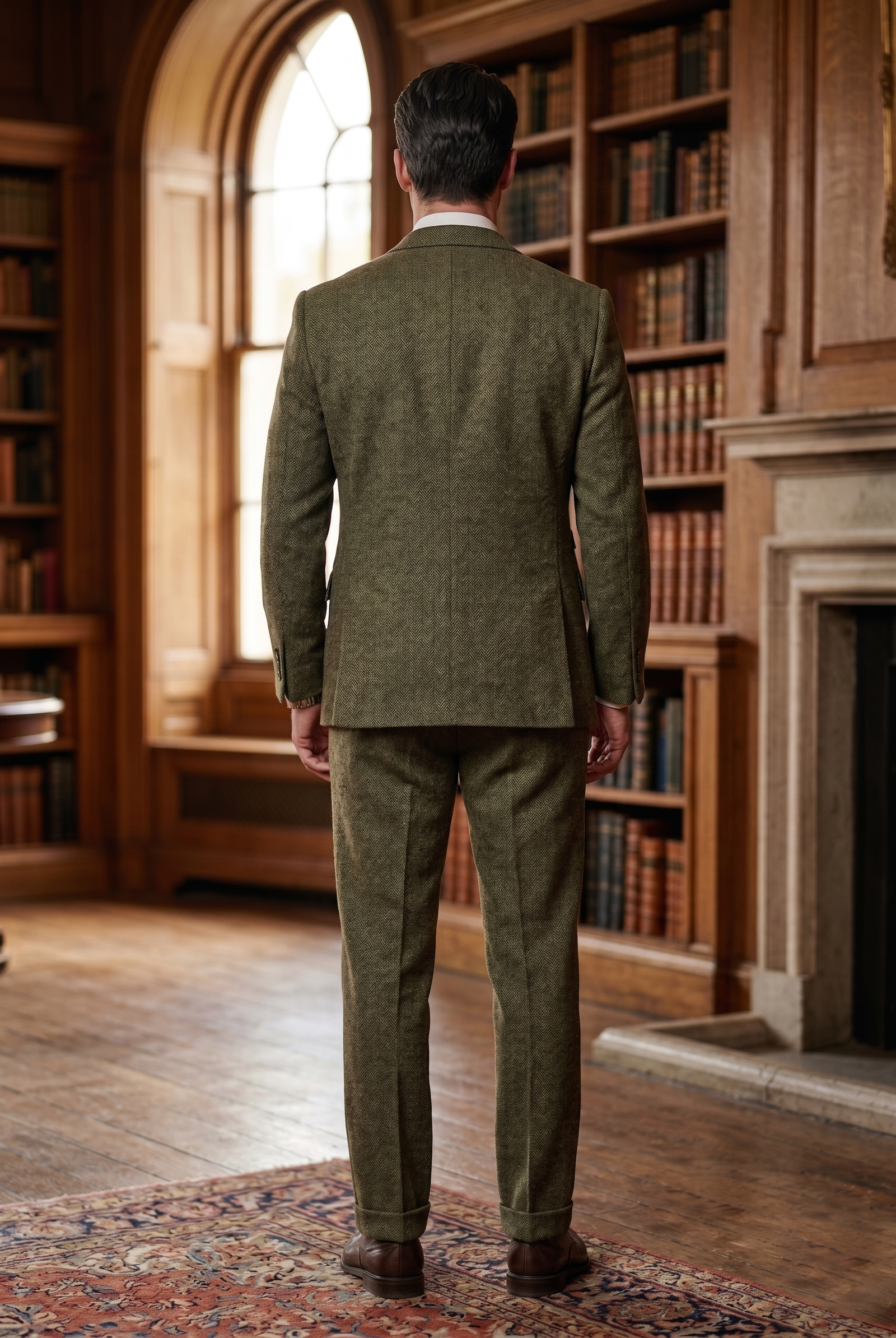 Olive Green Herringbone Tweed Three-Piece Tailored Suit - Image 7
