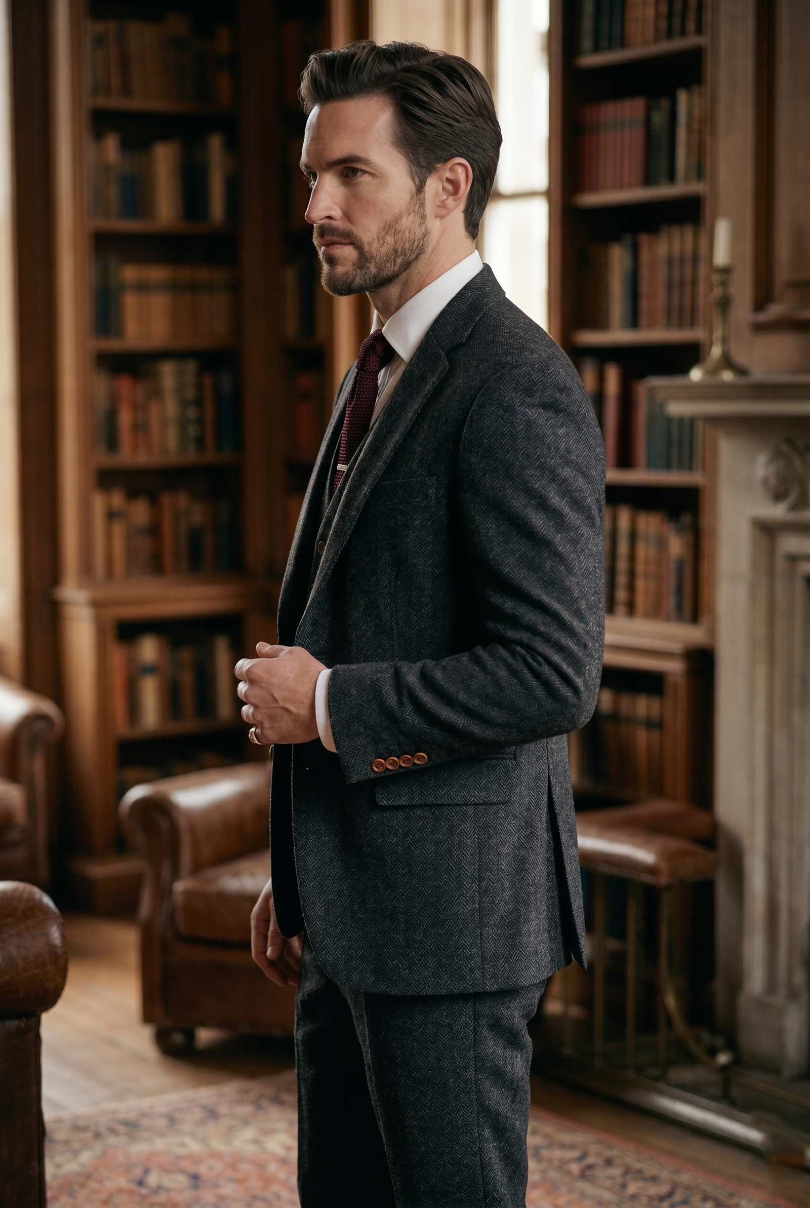 Charcoal Grey Herringbone Tweed Three-Piece Tailored Suit - Image 8
