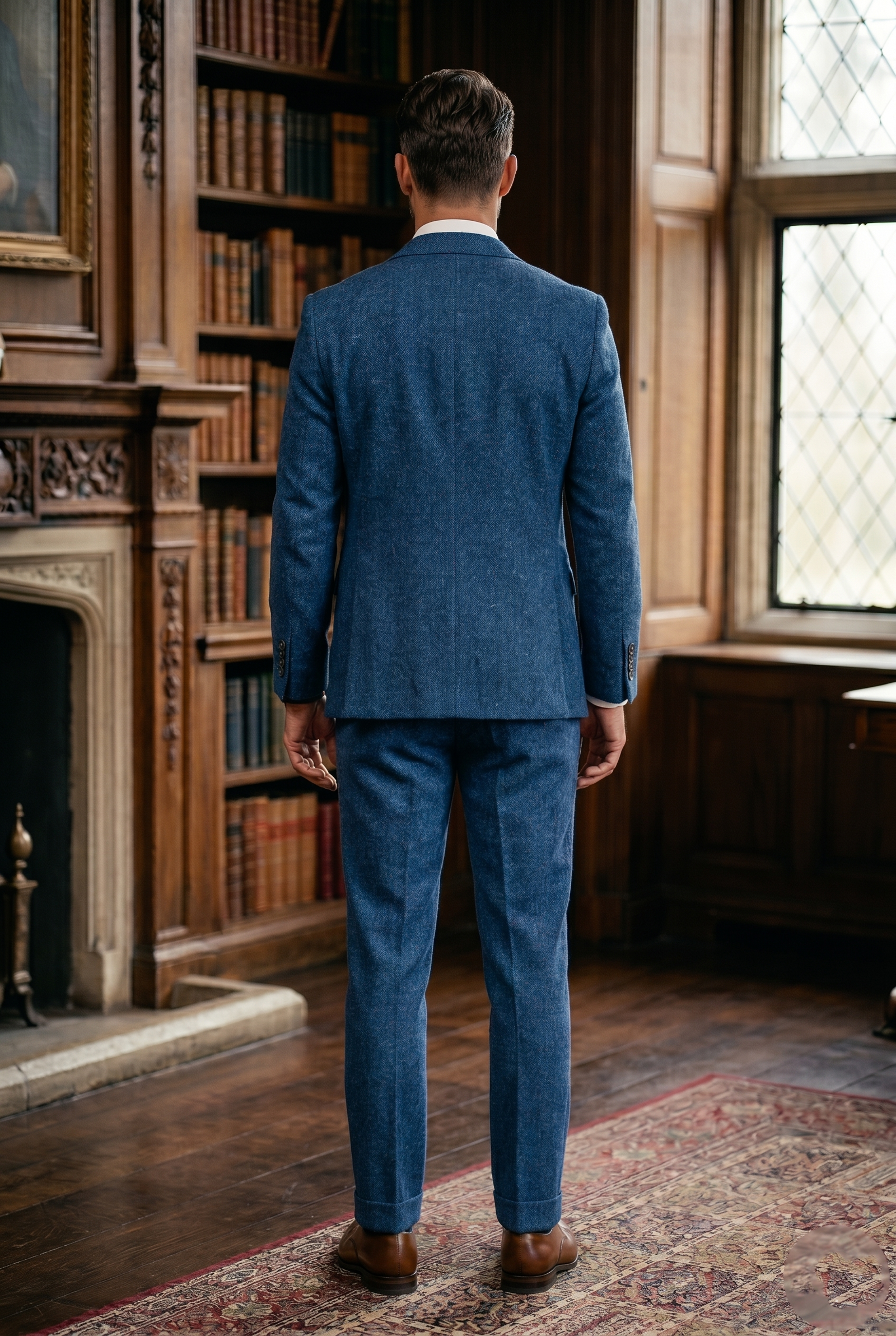 Indigo Blue Herringbone Tweed Three-Piece Tailored Suit - Image 7