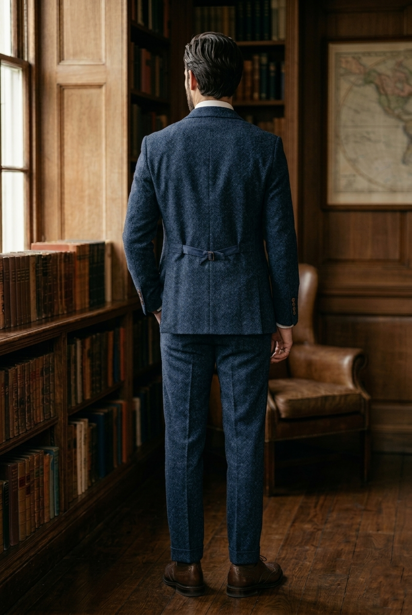 Navy Blue Herringbone Tweed Three-Piece Tailored Suit - Image 7