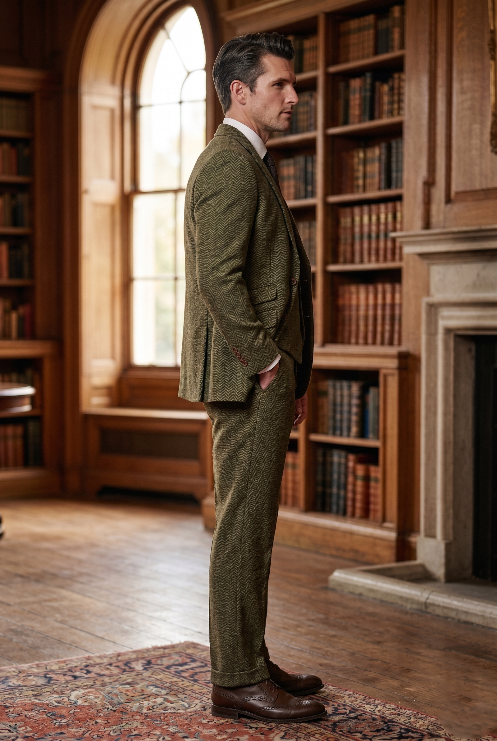 Olive Green Herringbone Tweed Three-Piece Tailored Suit - Image 6
