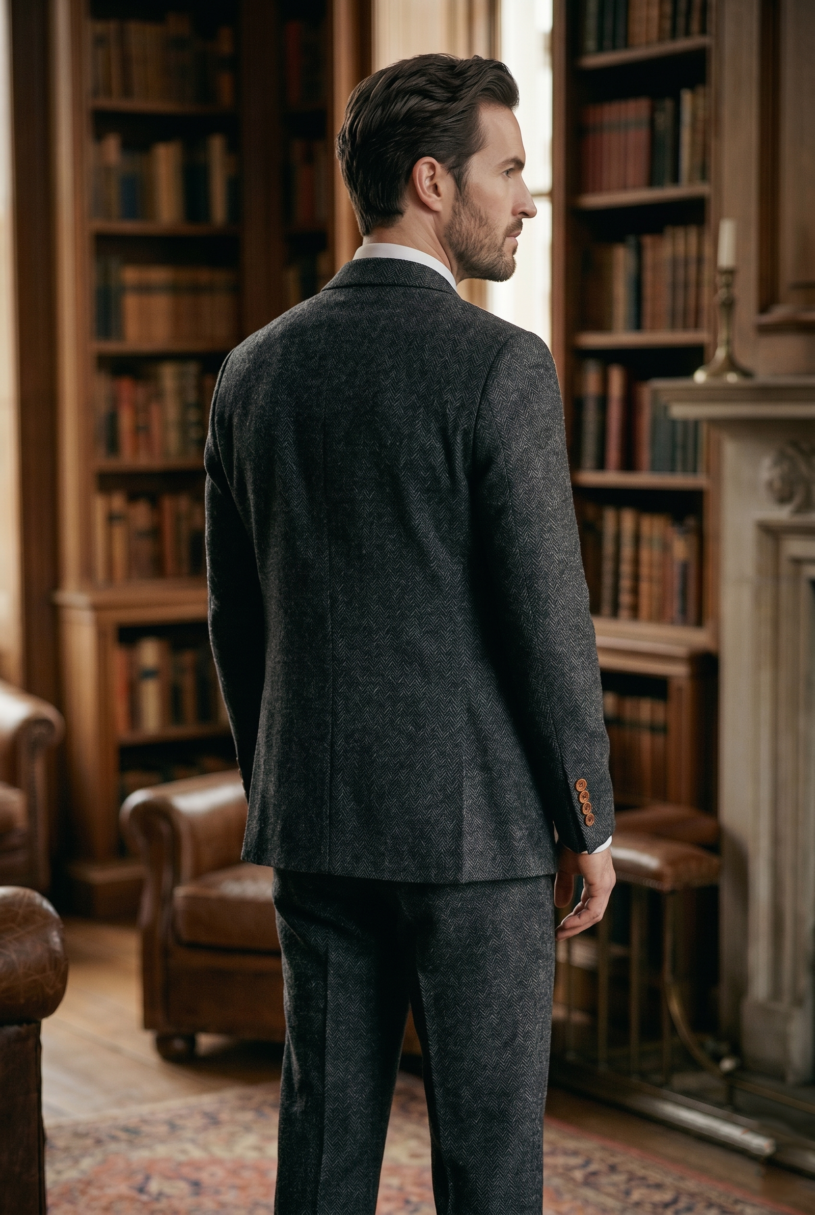 Charcoal Grey Herringbone Tweed Three-Piece Tailored Suit - Image 7