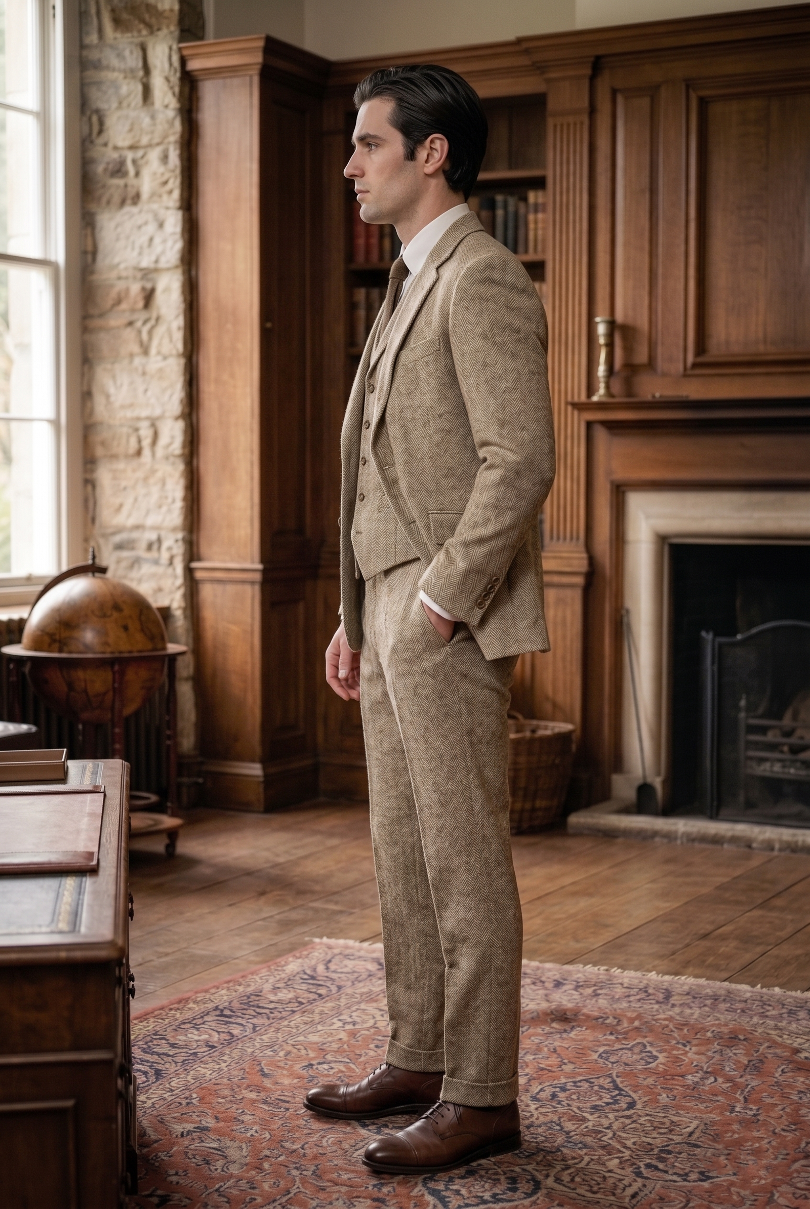 Oatmeal Herringbone Tweed Three-Piece Tailored Suit - Image 5
