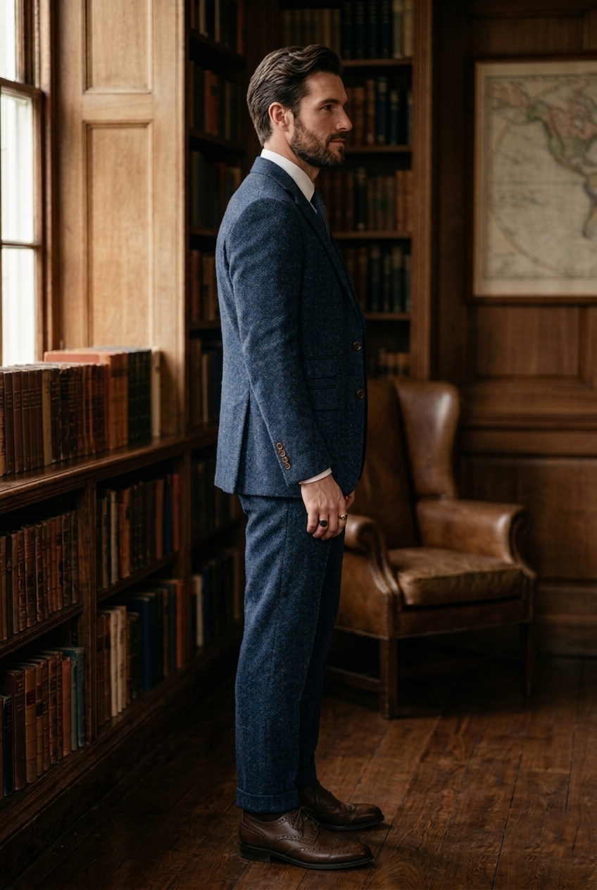 Navy Blue Herringbone Tweed Three-Piece Tailored Suit - Image 6