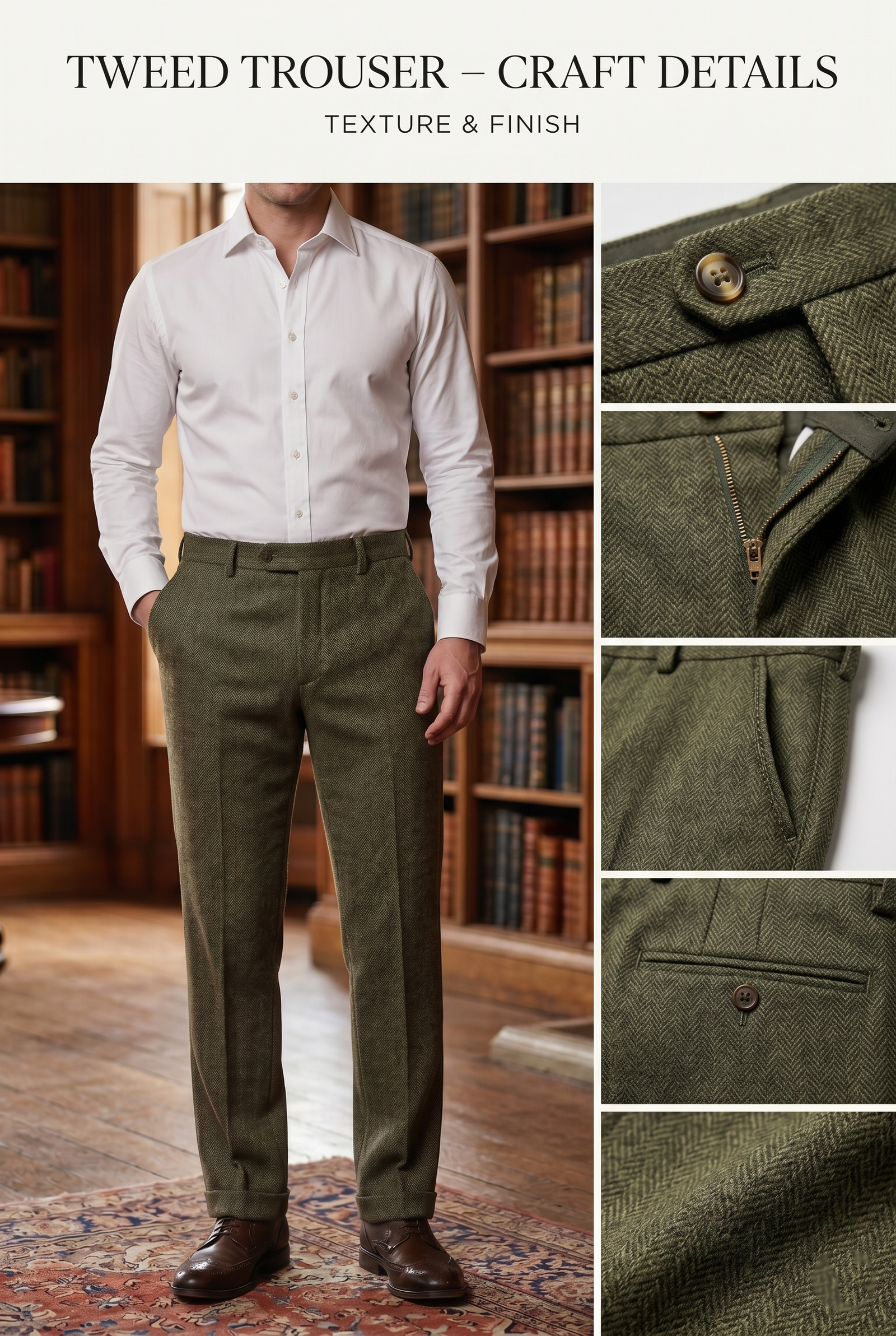 Olive Green Herringbone Tweed Three-Piece Tailored Suit - Image 5