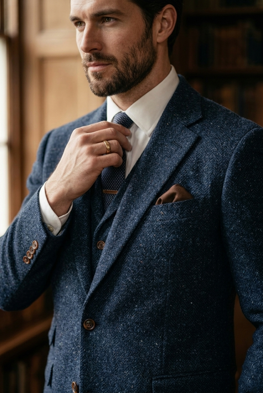 Navy Blue Herringbone Tweed Three-Piece Tailored Suit - Image 5
