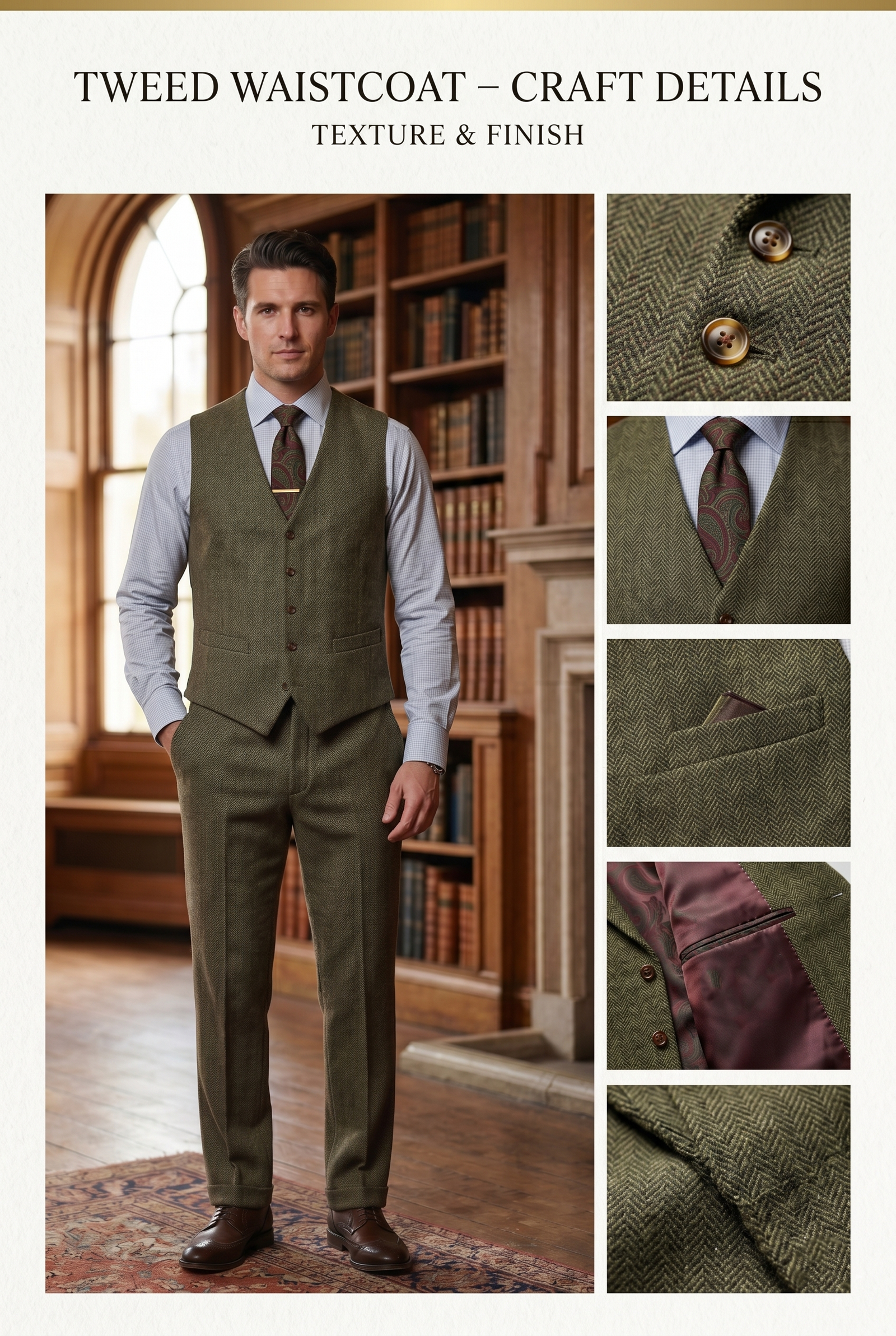 Olive Green Herringbone Tweed Three-Piece Tailored Suit - Image 4