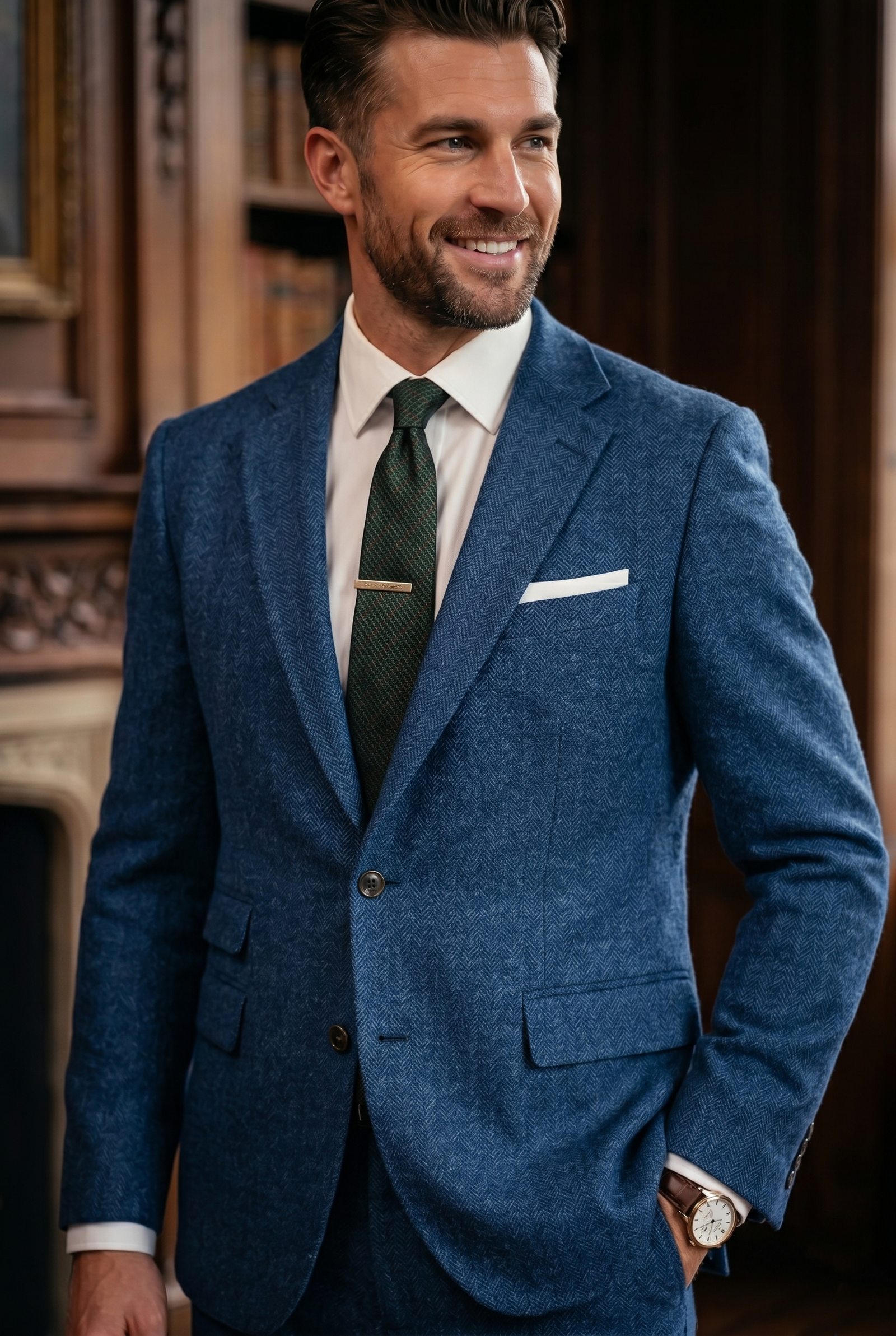 Indigo Blue Herringbone Tweed Three-Piece Tailored Suit - Image 5