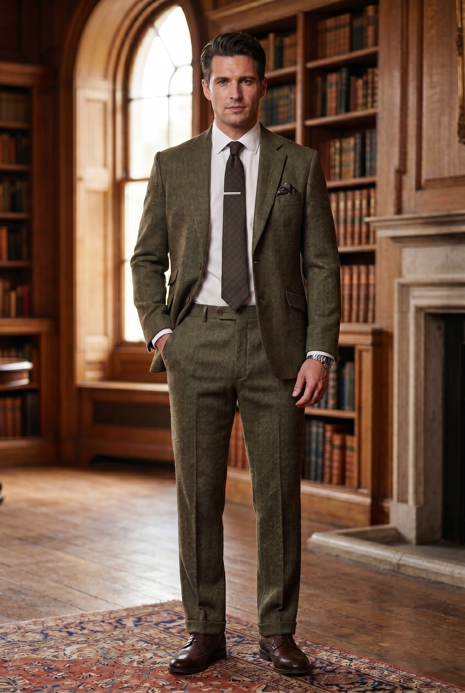 Olive Green Herringbone Tweed Three-Piece Tailored Suit - Image 3