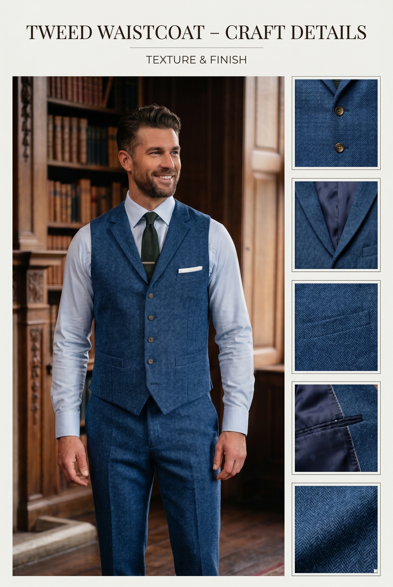 Indigo Blue Herringbone Tweed Three-Piece Tailored Suit - Image 4