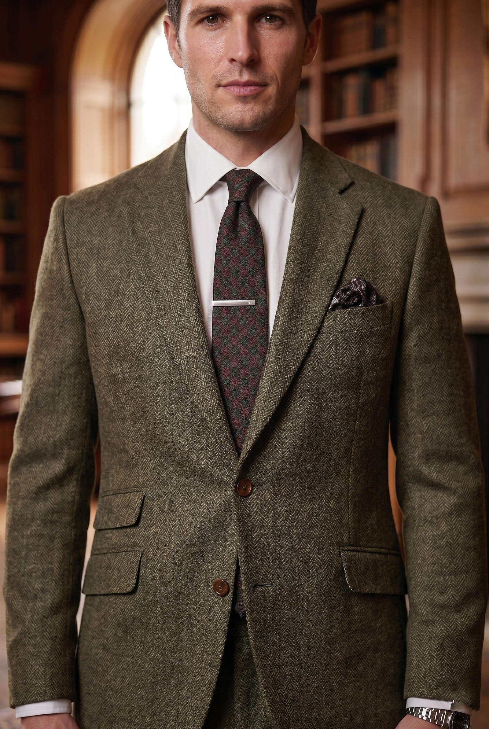 Olive Green Herringbone Tweed Three-Piece Tailored Suit - Image 2