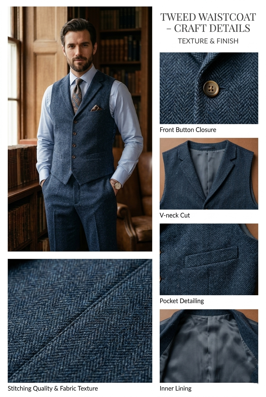 Navy Blue Herringbone Tweed Three-Piece Tailored Suit - Image 3